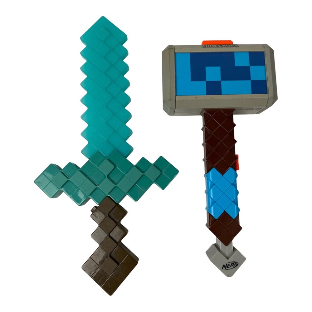 Nerf Minecraft Stormlander Hammer & Diamond Sword Blaster Weapon Lot Used